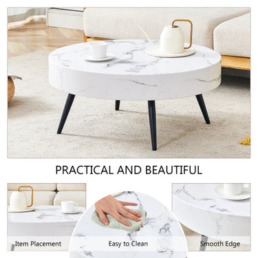 White Marble-Patterned MDF Round Coffee Table With Black Metal Legs